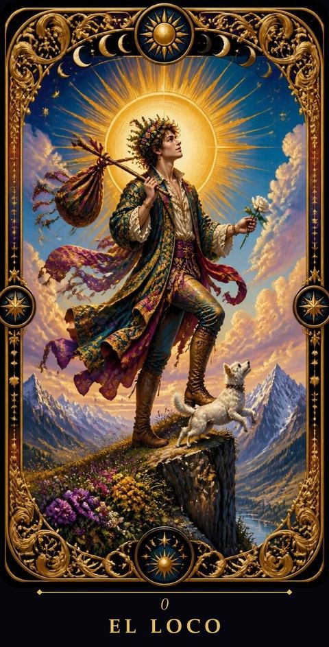 La carta El Loco: el joven al borde del precipicio, con el perrito, el hatillo en el bastón y la rosa blanca