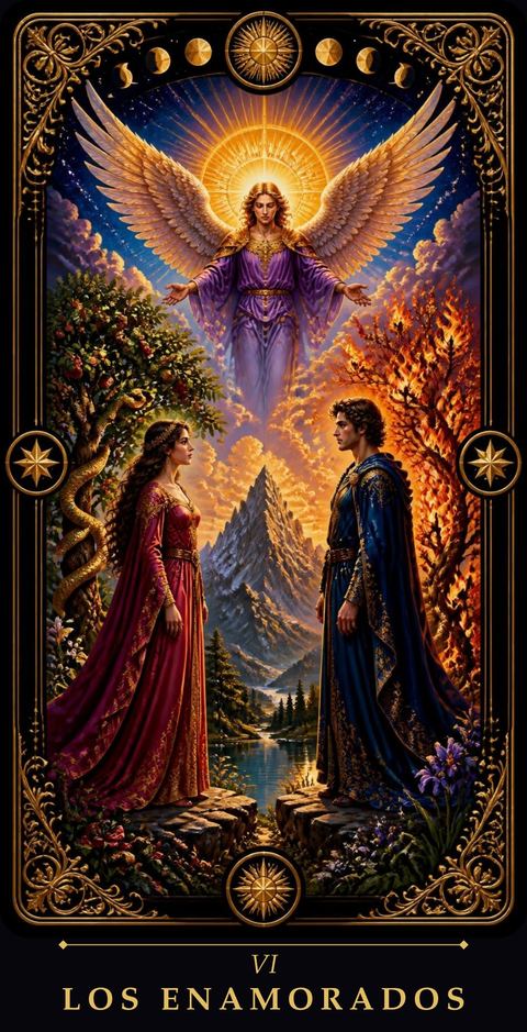 La carta Los Enamorados, con el ángel bendiciendo a la pareja