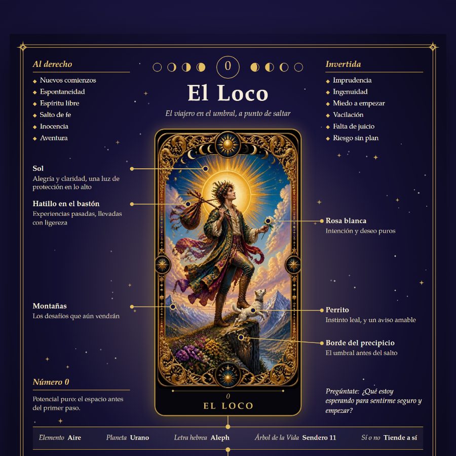 Página de estudio de la carta El Loco, con los significados al derecho e invertida y los símbolos de la ilustración explicados
